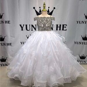 Elegant White and Silver Kids Formal Dress